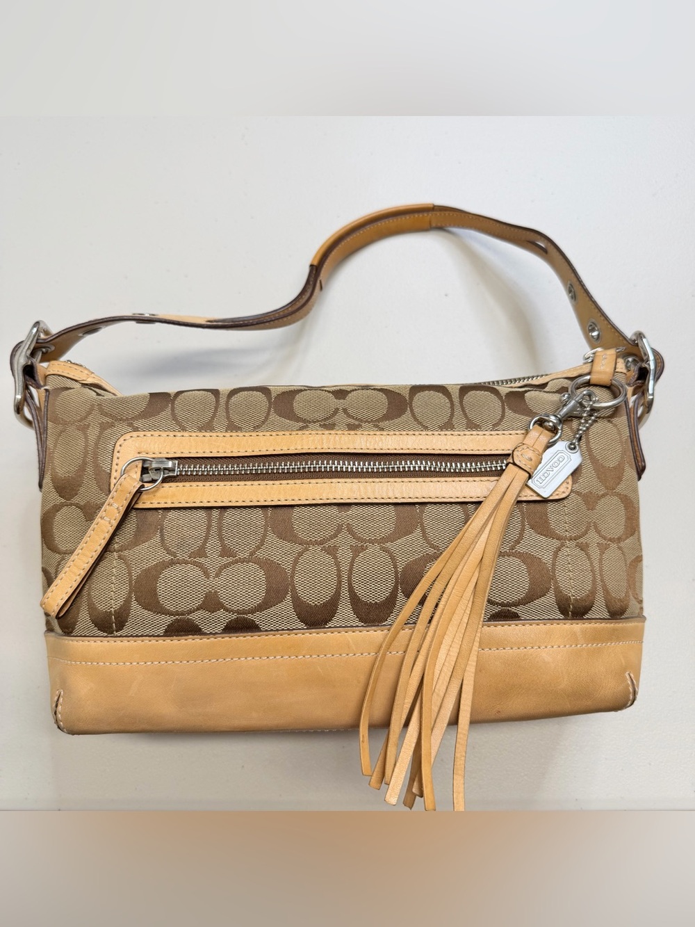Vintage Y2K COACH Signature Canvas Leather East West Shoulder Bag Brown Tan